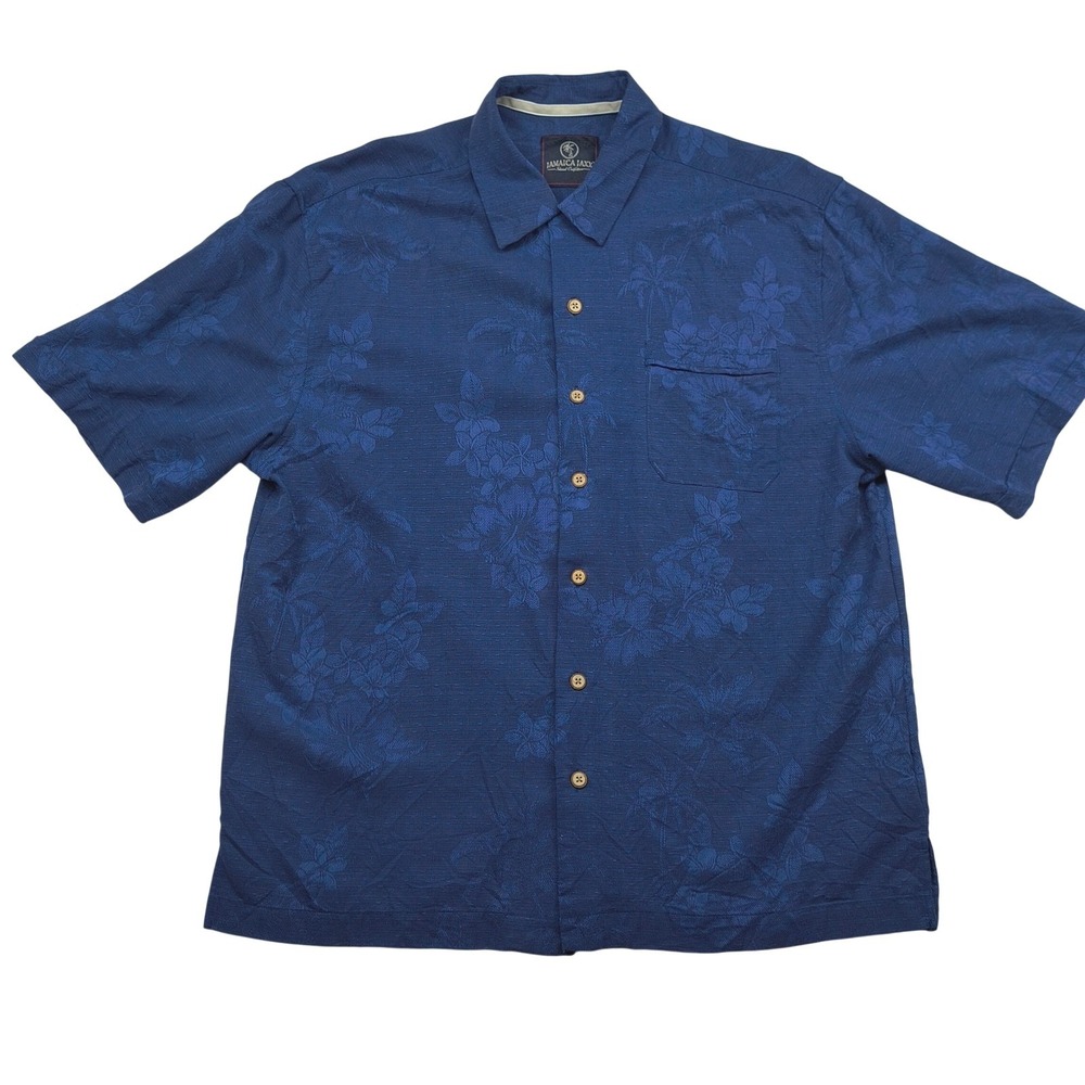 Jamaica Jaxx Mens Large‎ Blue 100% Silk Jacquard Floral Palm Tree Camp Shirt L